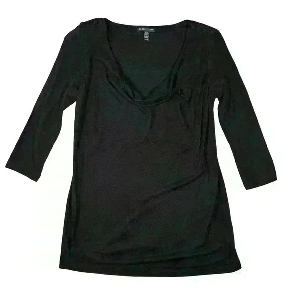 EILEEN FISHER Black Cowl Neck Button Detail ¾ Sleeve Blouse Top Women Med - Picture 1 of 6